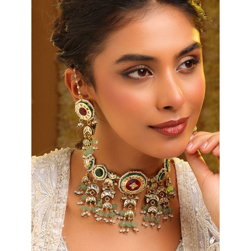 Ruby Raang Studio Green Royal Kundan Necklace with Earrings