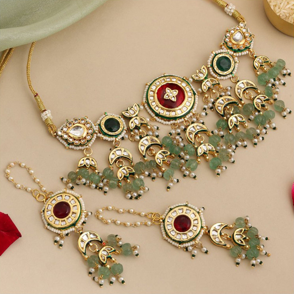 Ruby Raang Studio Green Royal Kundan Necklace with Earrings