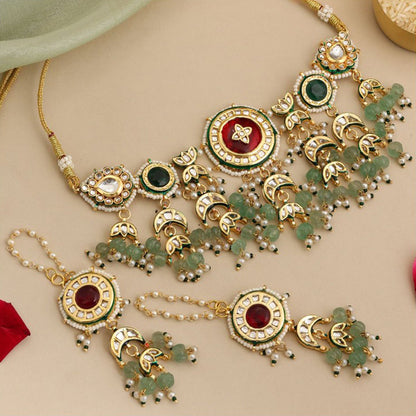 Ruby Raang Studio Green Royal Kundan Necklace with Earrings