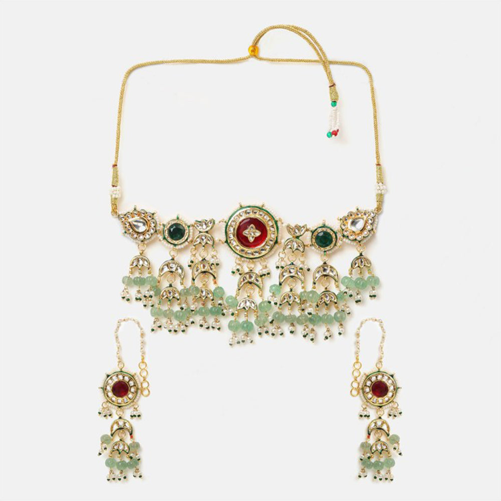 Ruby Raang Studio Green Royal Kundan Necklace with Earrings