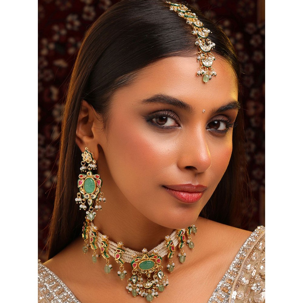 Ruby Raang Studio Rajkumari Kundan Necklace with Earrings and Maang Tikka