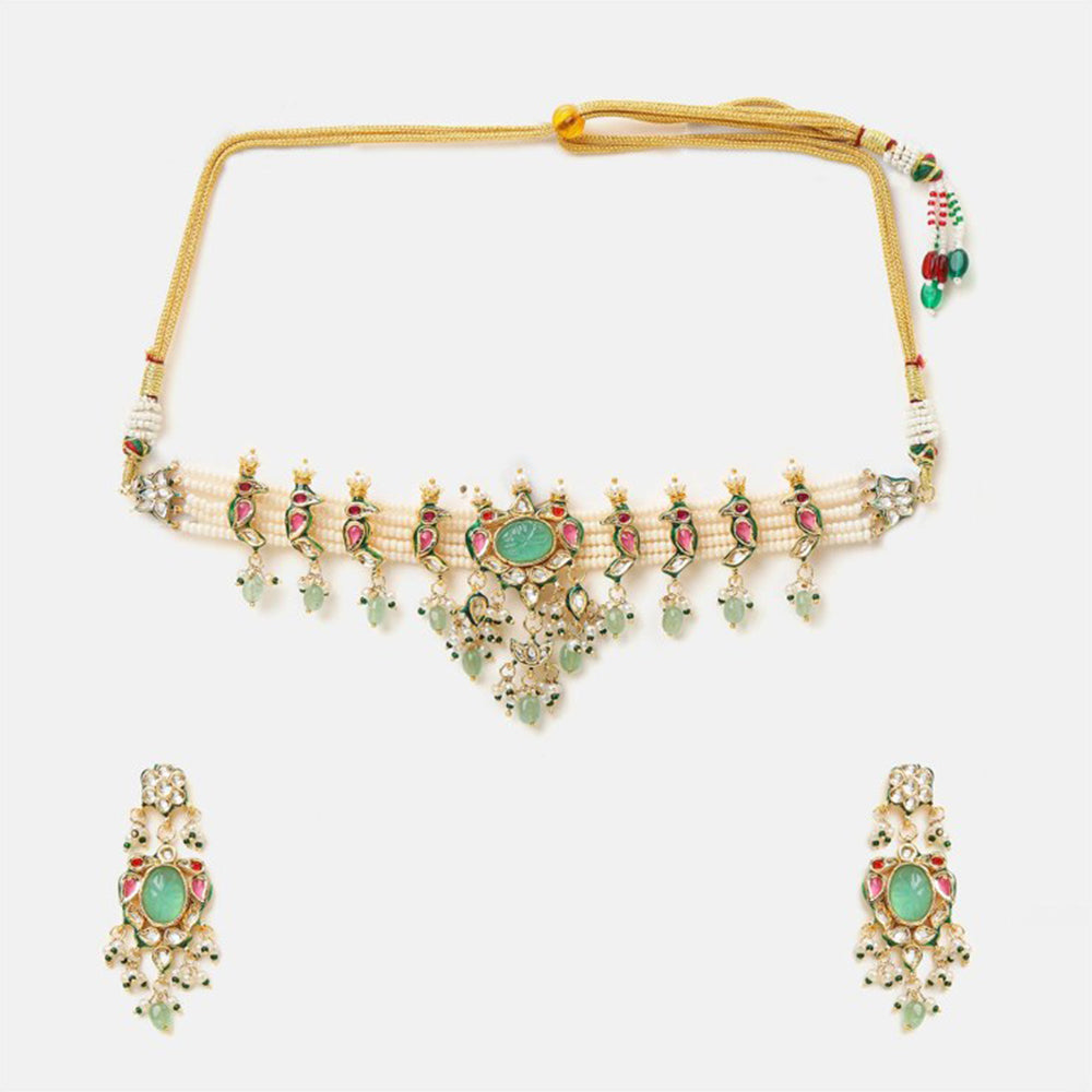 Ruby Raang Studio Rajkumari Kundan Necklace with Earrings and Maang Tikka