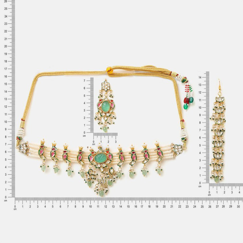 Ruby Raang Studio Rajkumari Kundan Necklace with Earrings and Maang Tikka