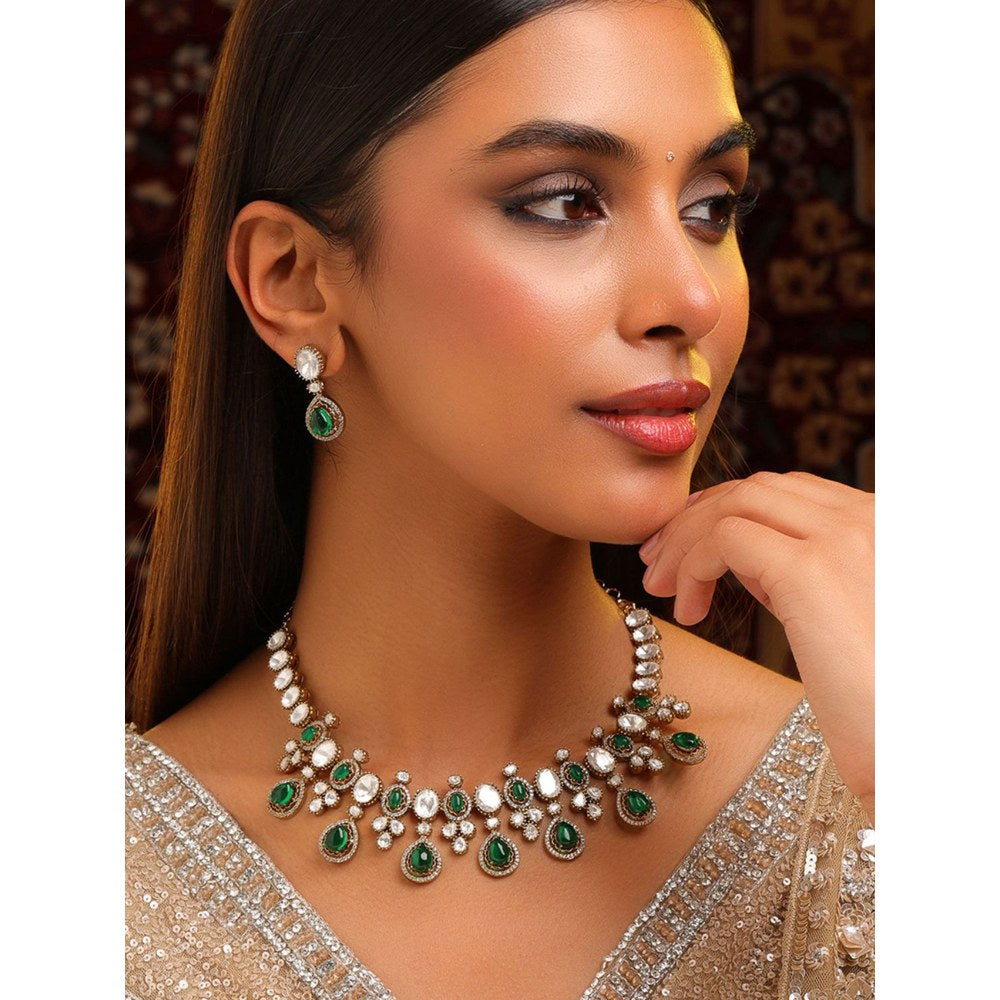 Ruby Raang Studio Green Stone Kundan Necklace with Earrings