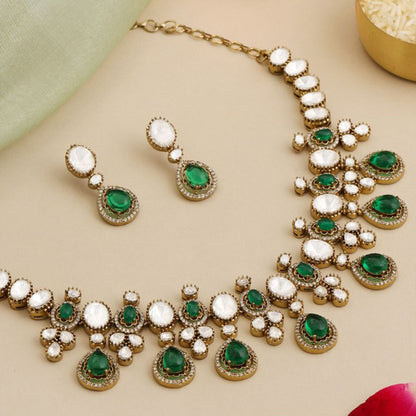 Ruby Raang Studio Green Stone Kundan Necklace with Earrings
