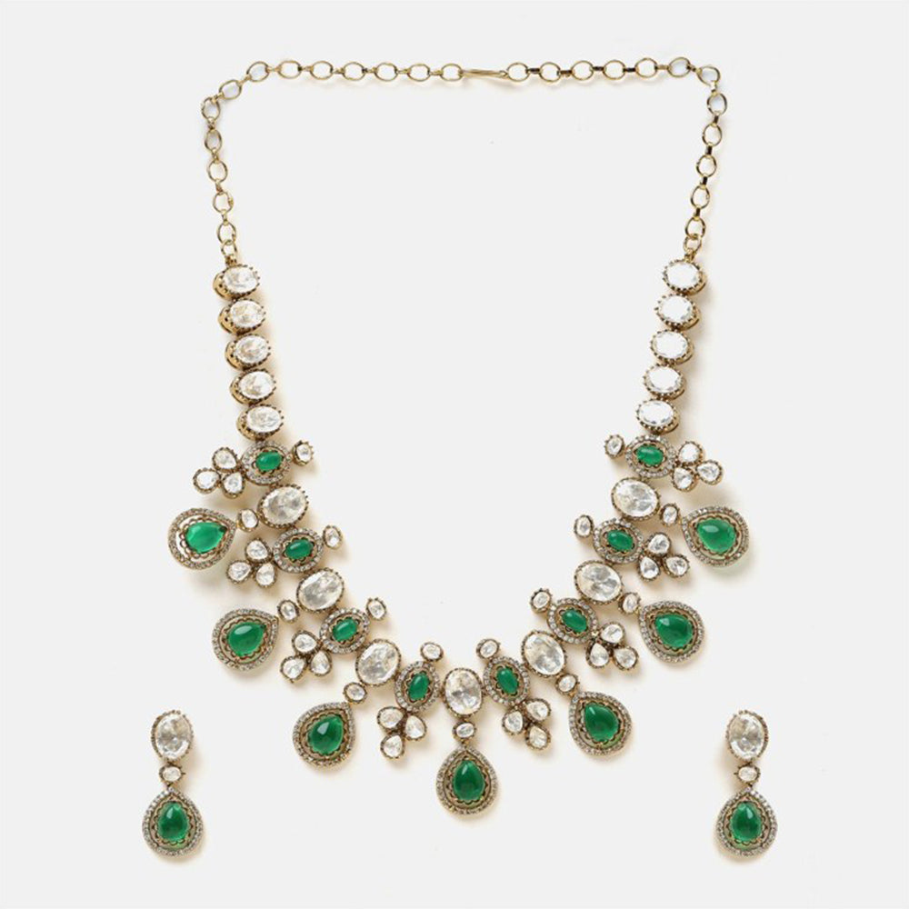 Ruby Raang Studio Green Stone Kundan Necklace with Earrings