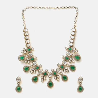 Ruby Raang Studio Green Stone Kundan Necklace with Earrings