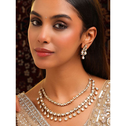 Ruby Raang Studio White 3-Layered Kundan Necklace with Earrings