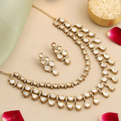 Ruby Raang Studio White 3-Layered Kundan Necklace with Earrings