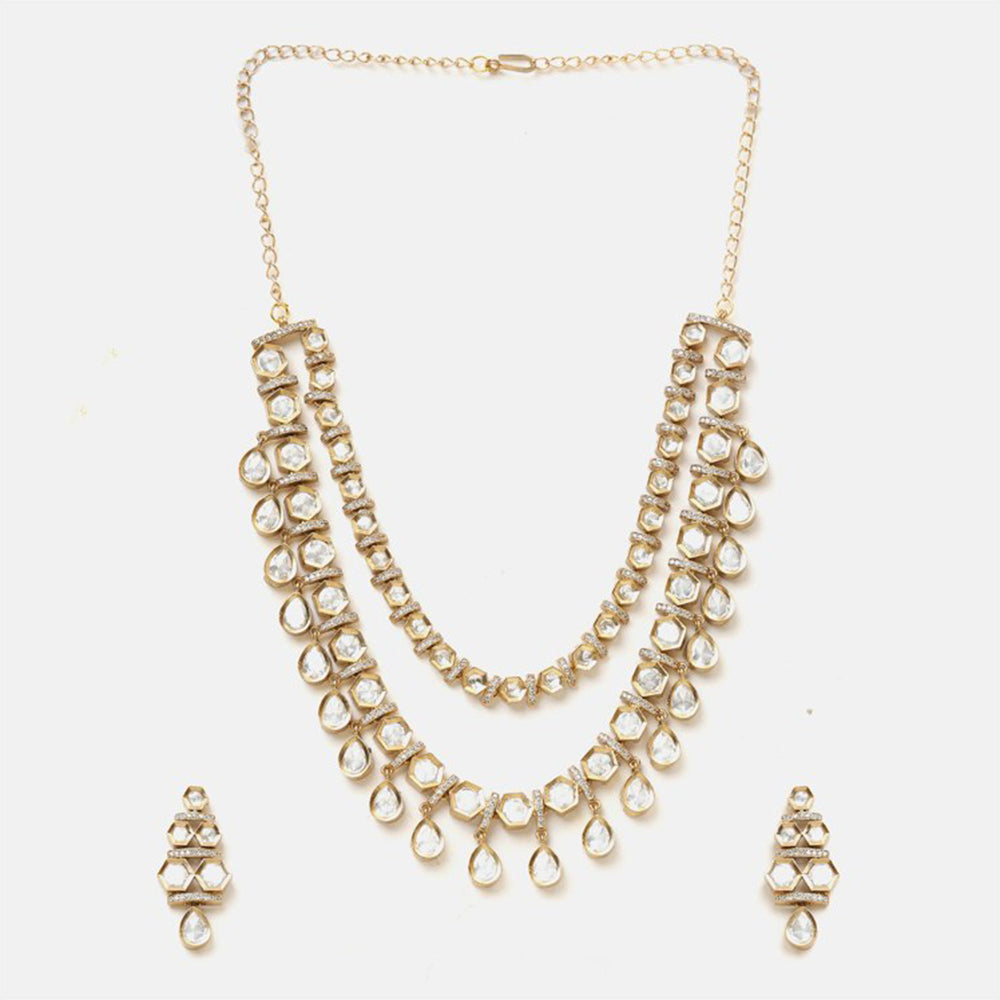 Ruby Raang Studio White 3-Layered Kundan Necklace with Earrings
