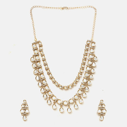 Ruby Raang Studio White 3-Layered Kundan Necklace with Earrings