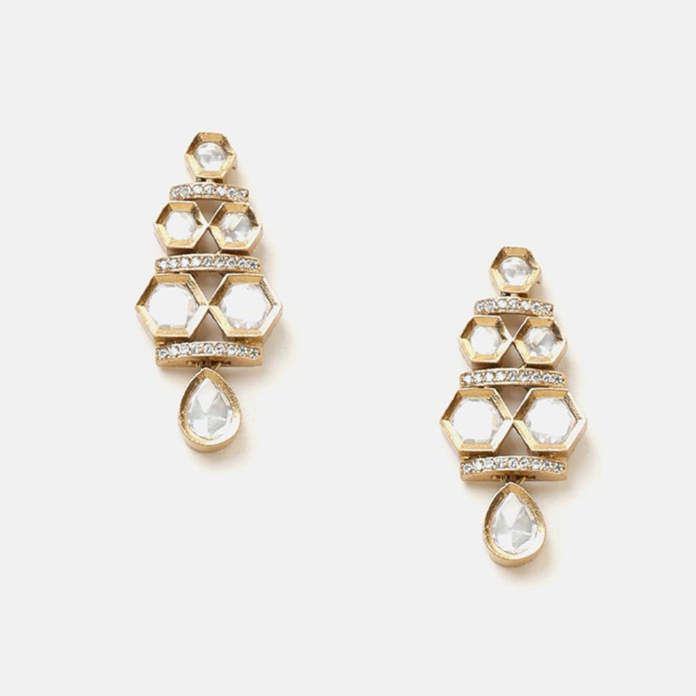 Ruby Raang Studio White 3-Layered Kundan Necklace with Earrings