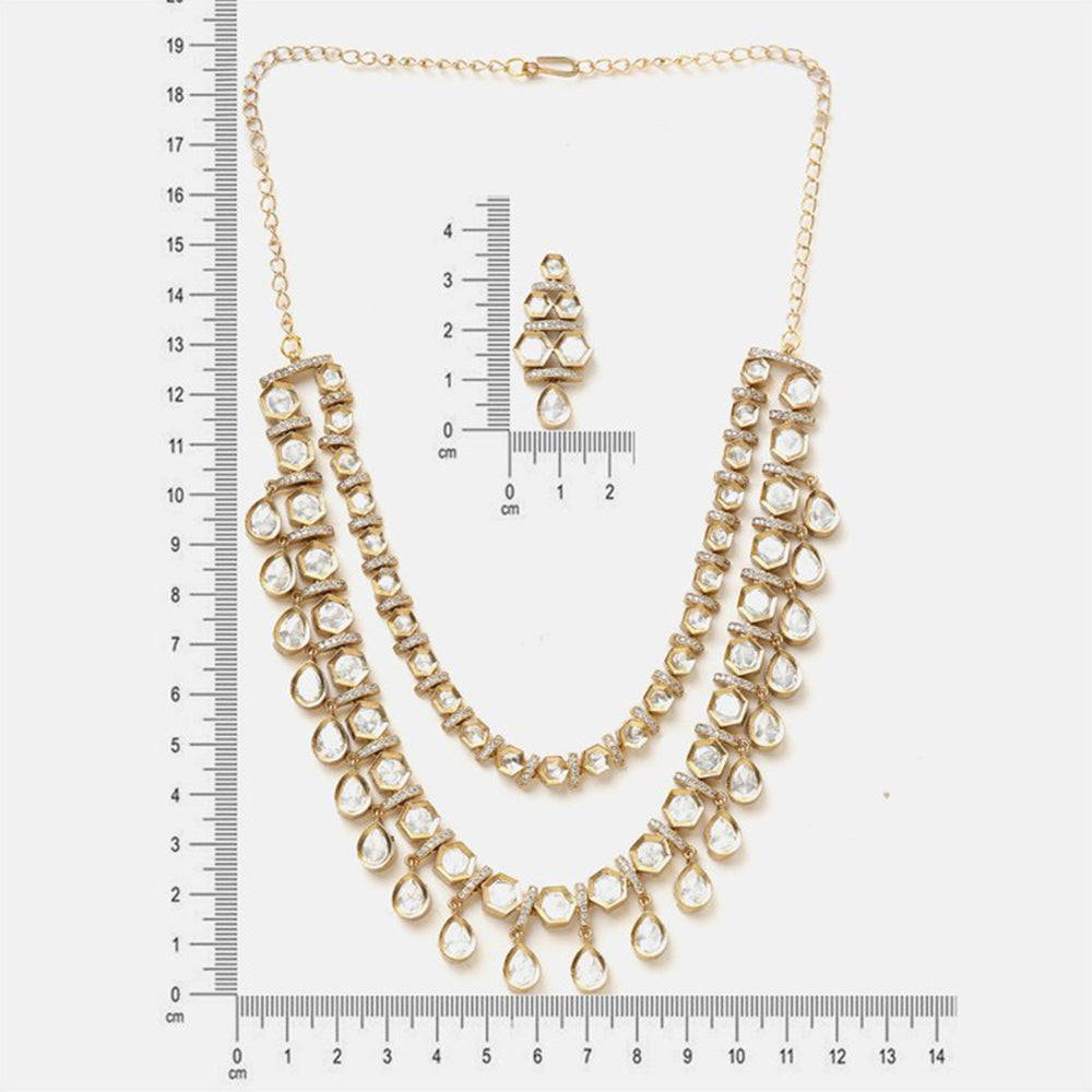 Ruby Raang Studio White 3-Layered Kundan Necklace with Earrings