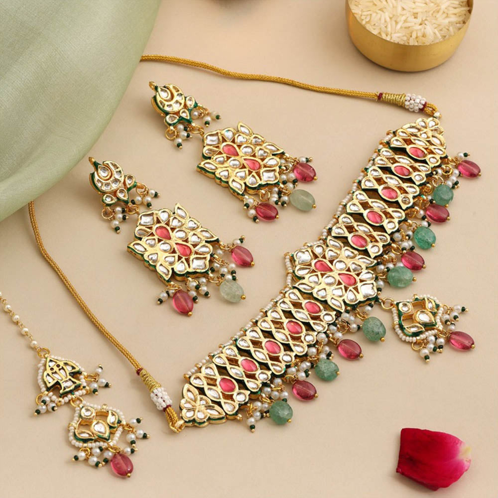 Ruby Raang Studio The Royal Grace Kundan Necklace with Earrings and Maang Tikka