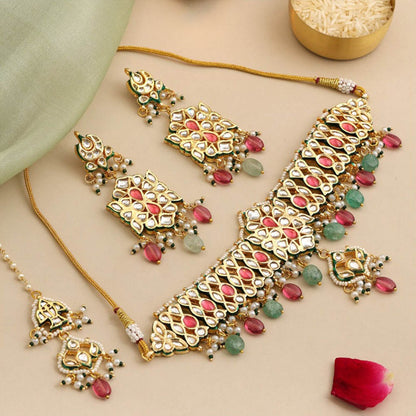 Ruby Raang Studio The Royal Grace Kundan Necklace with Earrings and Maang Tikka