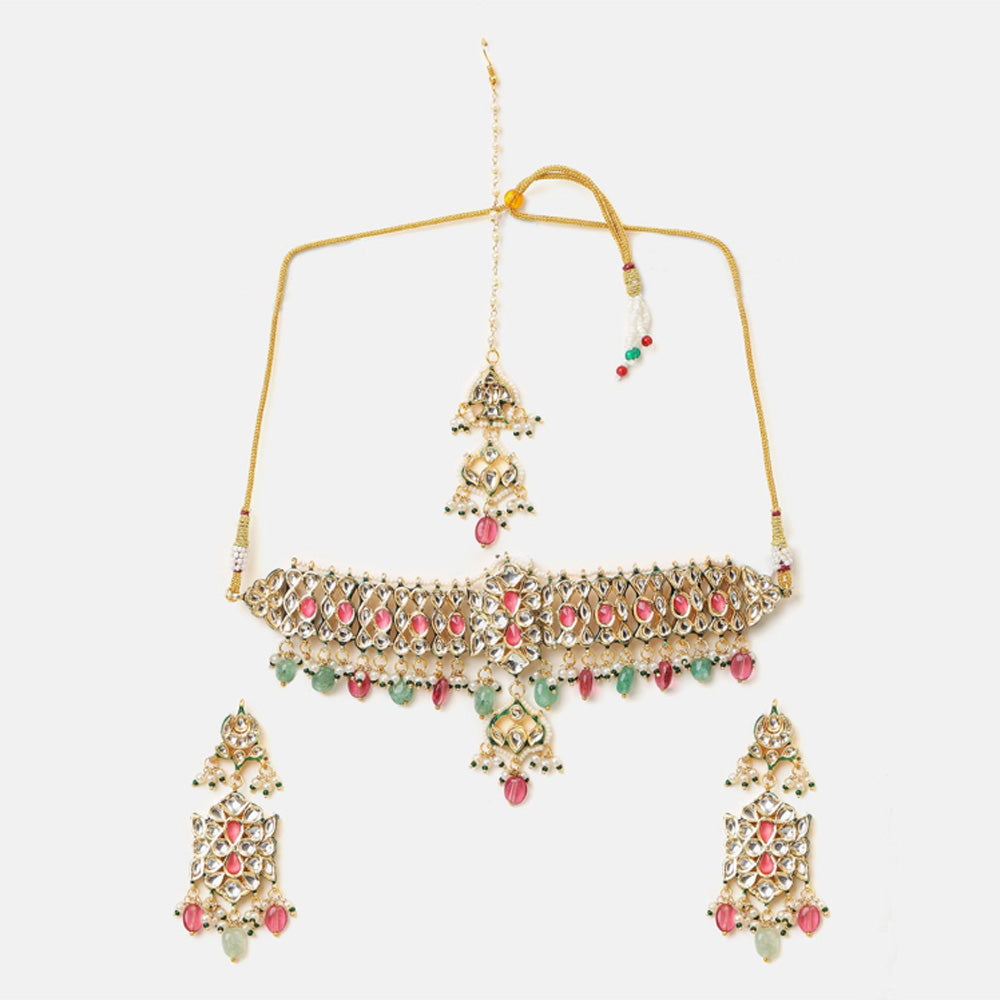 Ruby Raang Studio The Royal Grace Kundan Necklace with Earrings and Maang Tikka