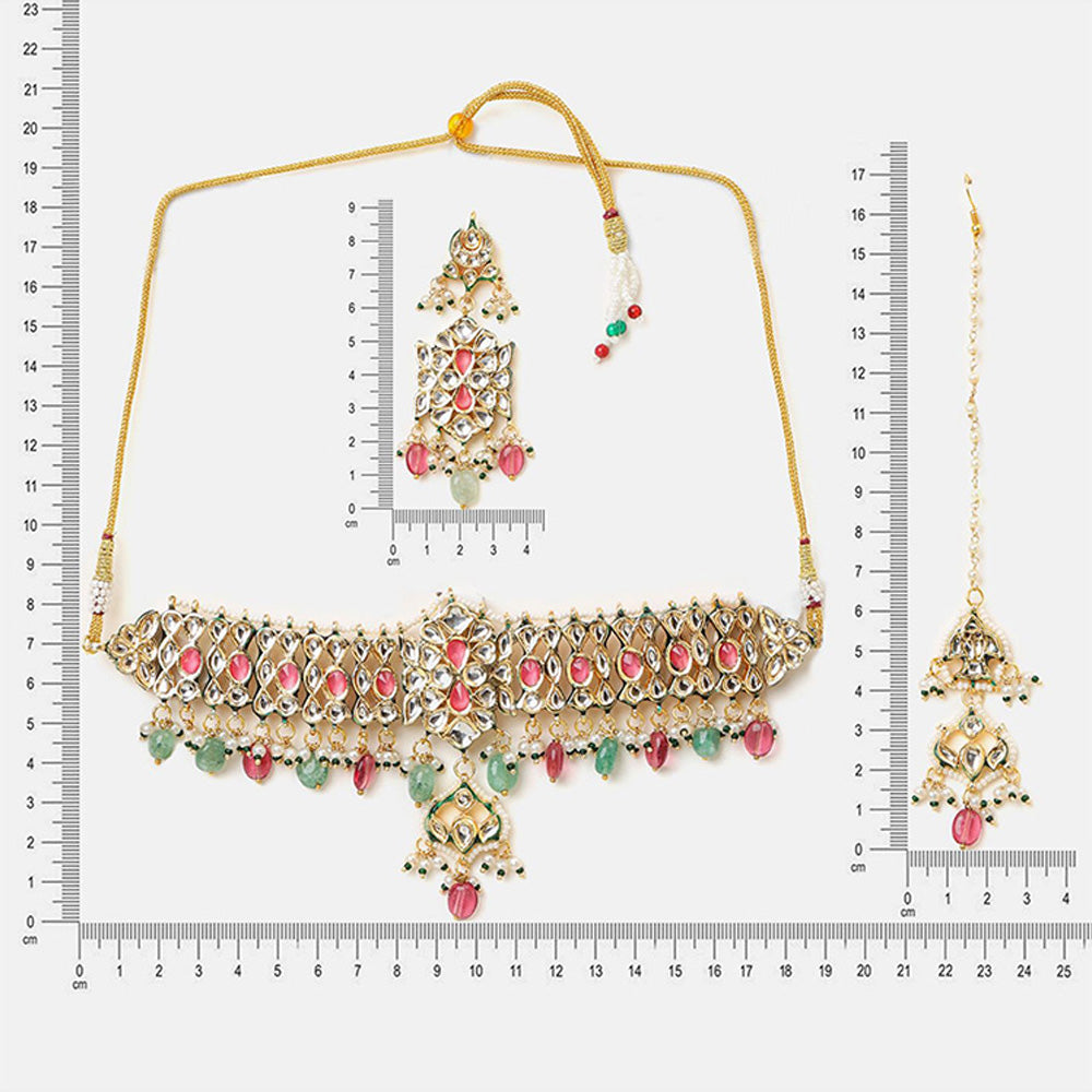 Ruby Raang Studio The Royal Grace Kundan Necklace with Earrings and Maang Tikka