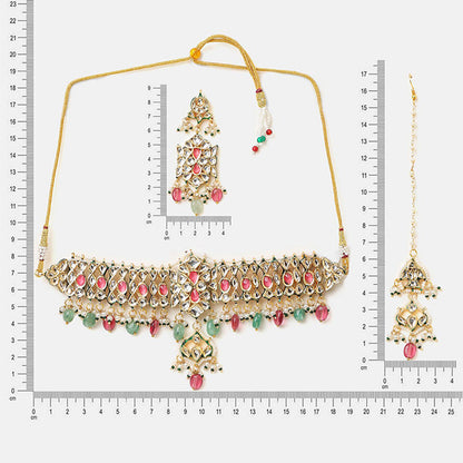 Ruby Raang Studio The Royal Grace Kundan Necklace with Earrings and Maang Tikka