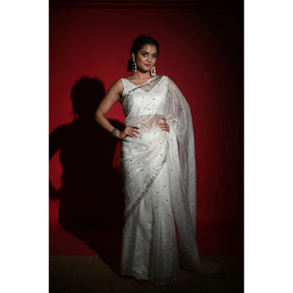 Ruhm White Banaras Sheer Saree with Stitched Blouse