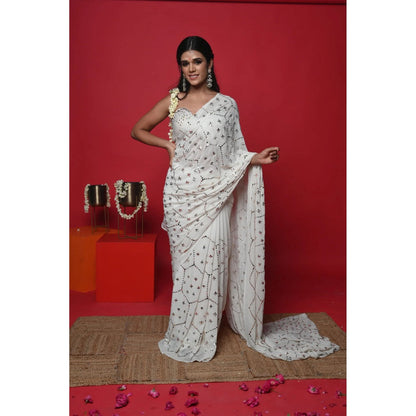 Ruhm White Moonlit Charm Saree with Stitched Blouse