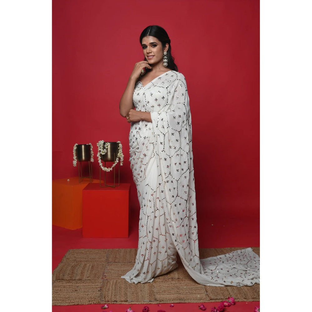 Ruhm White Moonlit Charm Saree with Stitched Blouse