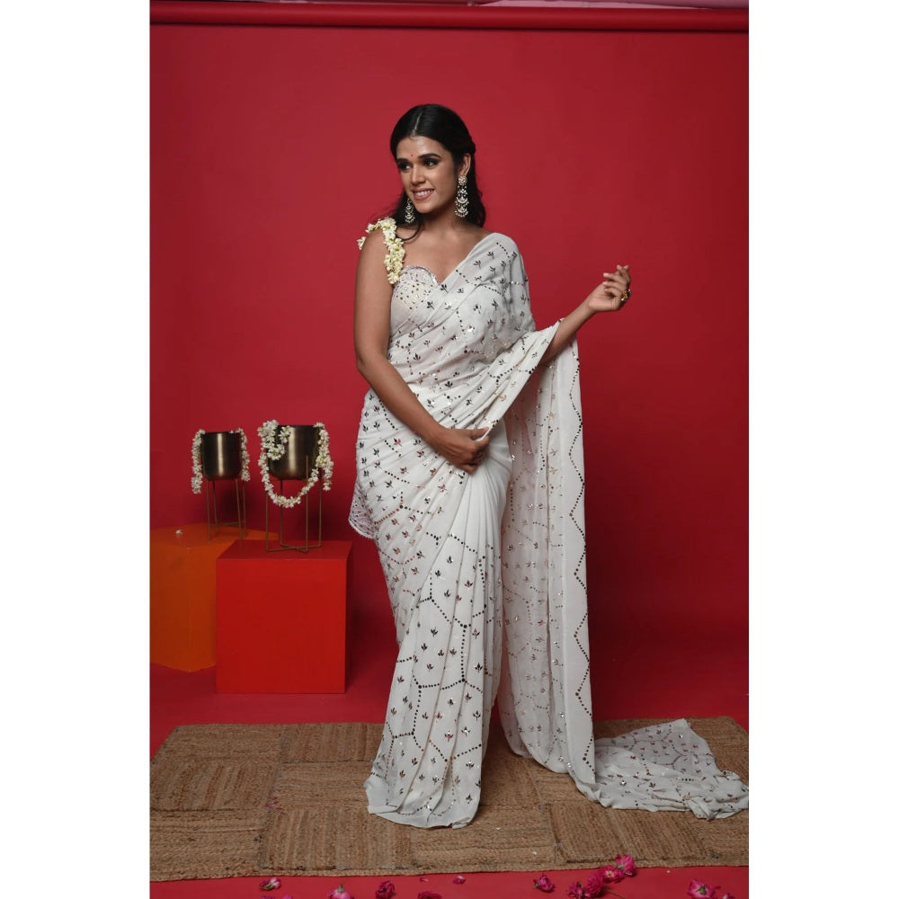 Ruhm White Moonlit Charm Saree with Stitched Blouse