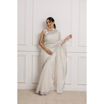 Ruhm White Glistening Sheer Saree with Stitched Blouse