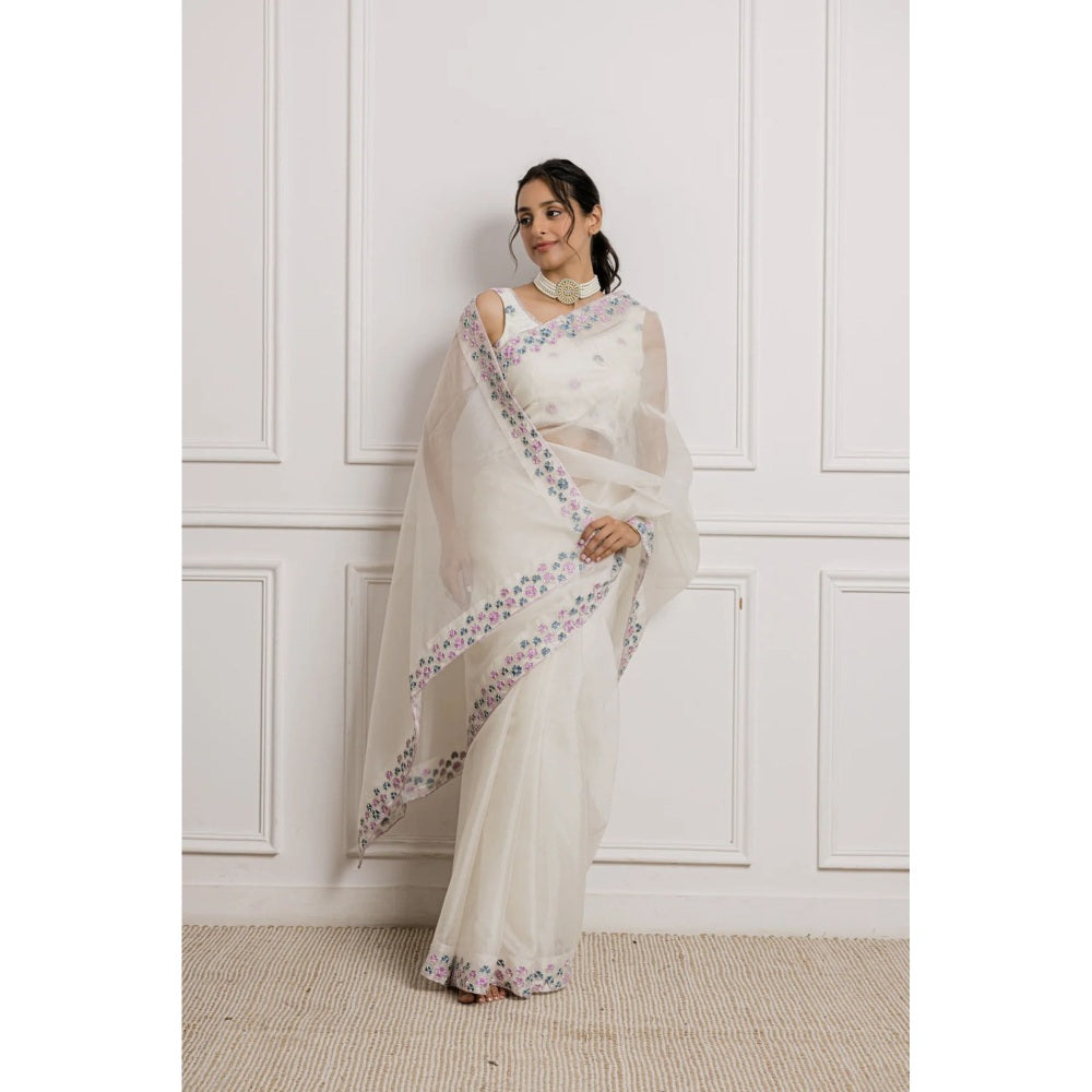 Ruhm White Glistening Sheer Saree with Stitched Blouse