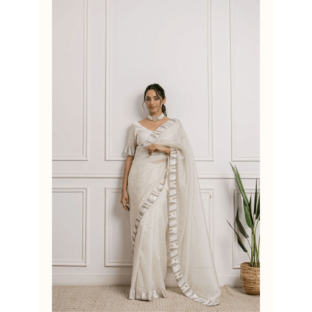 Ruhm White Floral Aura Organza Saree with Stitched Blouse