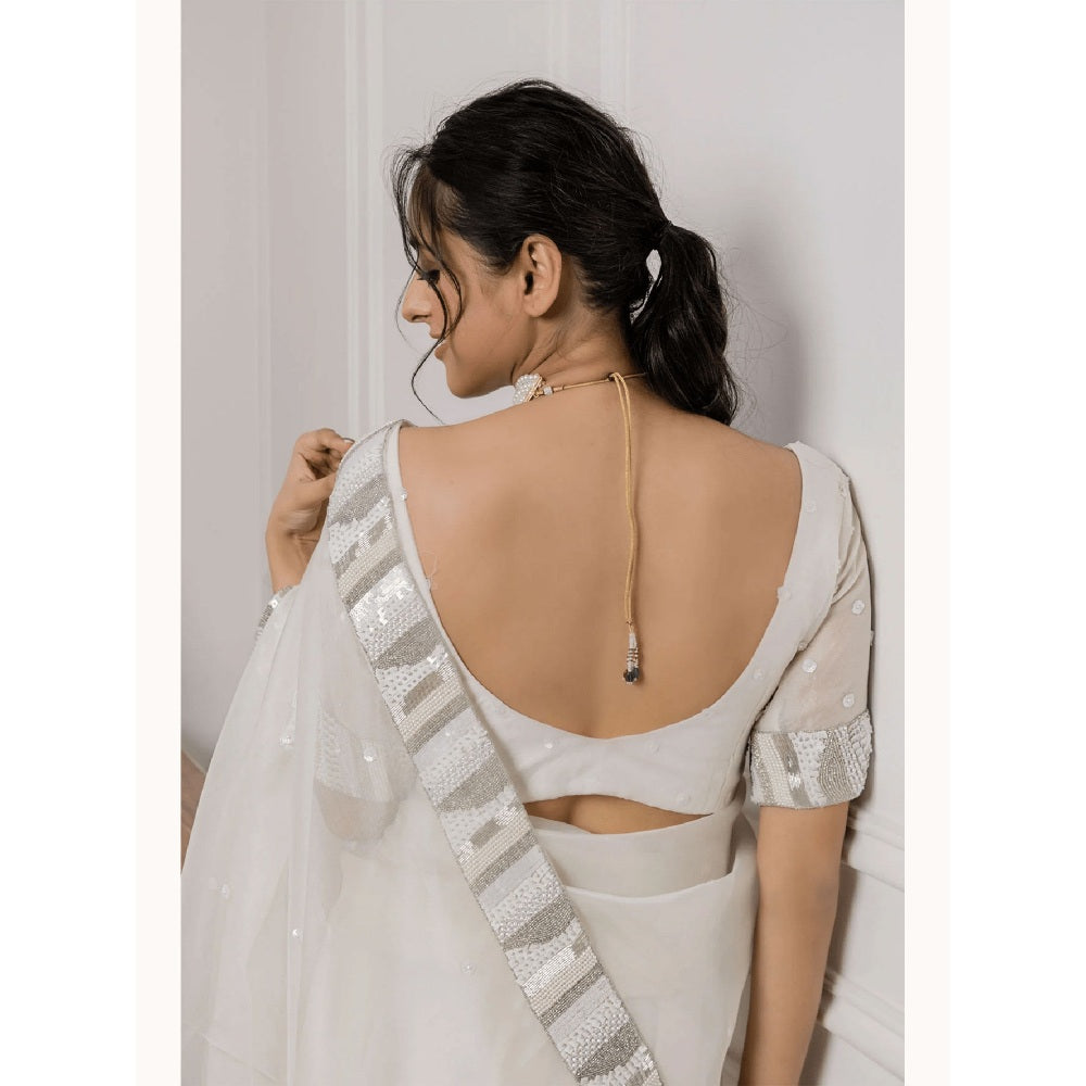Ruhm White Floral Aura Organza Saree with Stitched Blouse