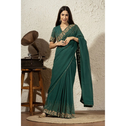 Ruhm Forest Green Saree with Stitched Blouse