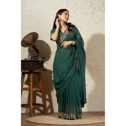 Ruhm Forest Green Saree with Stitched Blouse