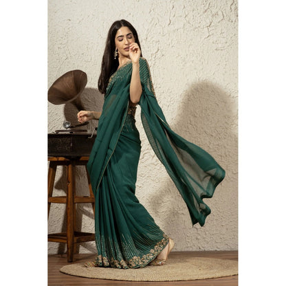 Ruhm Forest Green Saree with Stitched Blouse