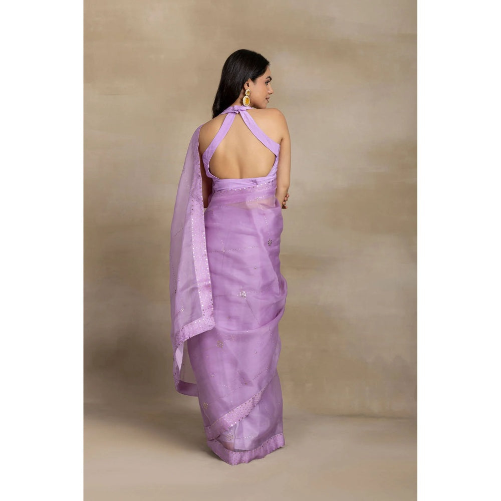 Ruhm Lavender Mukaish Organza Saree with Stitched Blouse