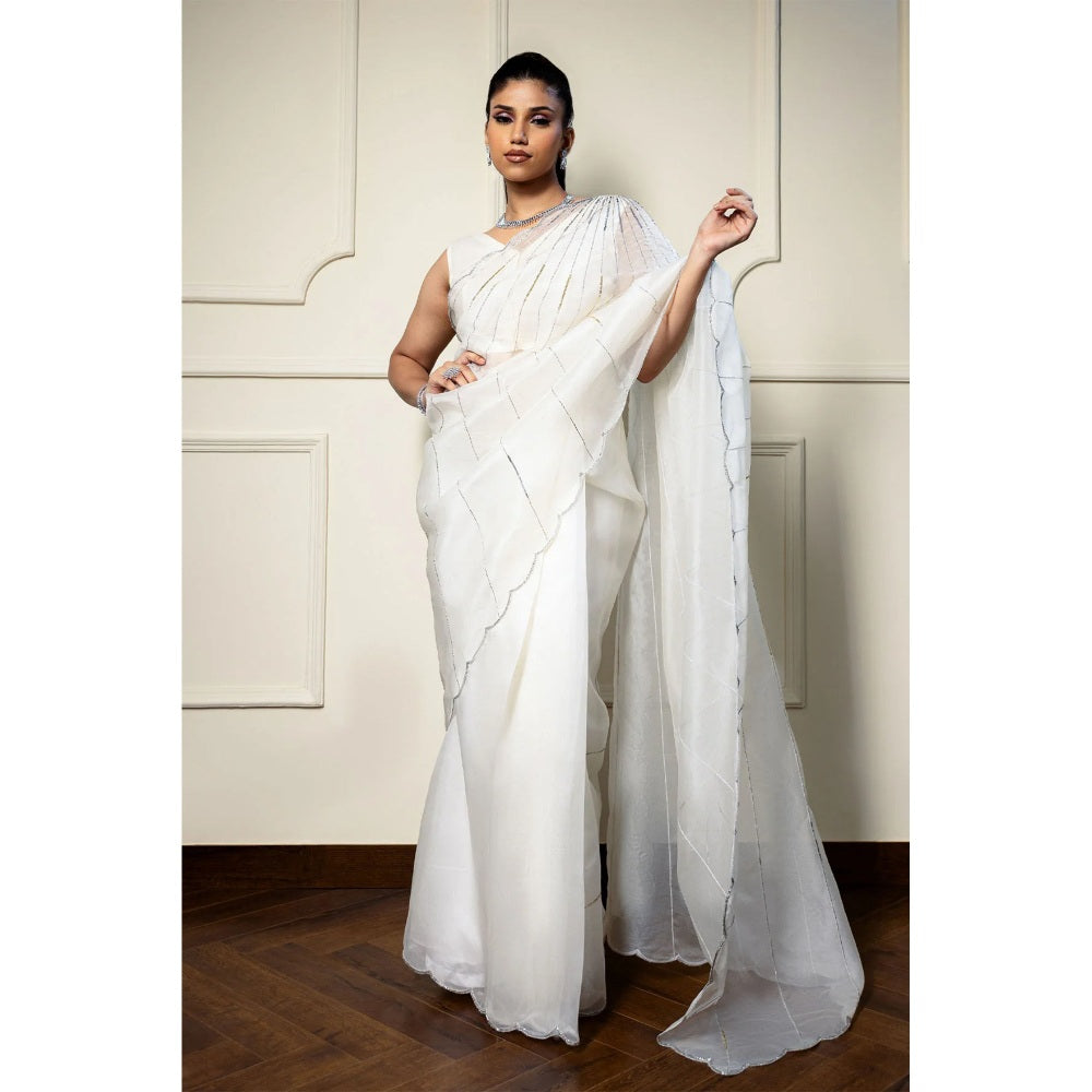 Ruhm Opulent Ivory Pearl Silk Organza Saree with Stitched Blouse