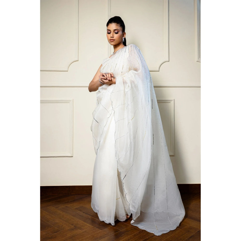 Ruhm Opulent Ivory Pearl Silk Organza Saree with Stitched Blouse