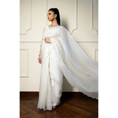 Ruhm Opulent Ivory Pearl Silk Organza Saree with Stitched Blouse