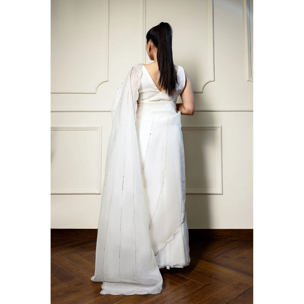 Ruhm Opulent Ivory Pearl Silk Organza Saree with Stitched Blouse