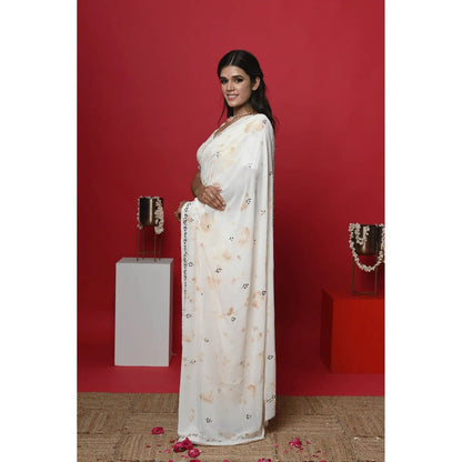 Ruhm White Pristine Pearl Saree with Stitched Blouse