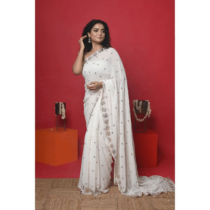 Ruhm White Pristine Pearl Saree with Stitched Blouse