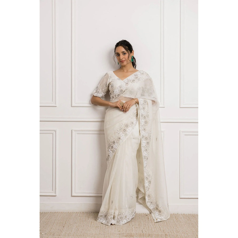 Ruhm Hand Dyed Off White Saree with Stitched Blouse