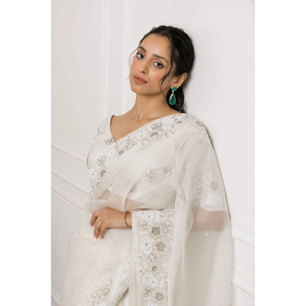 Ruhm Hand Dyed Off White Saree with Stitched Blouse