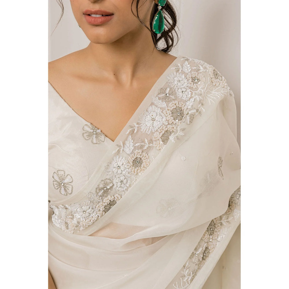 Ruhm Hand Dyed Off White Saree with Stitched Blouse