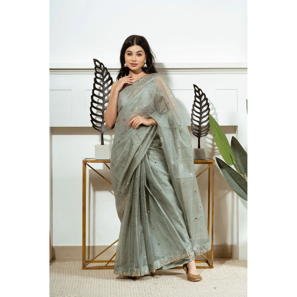 Ruhm Green Basil Silk Sheer Saree with Stitched Blouse