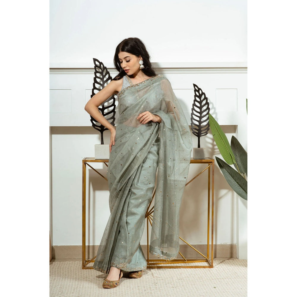 Ruhm Green Basil Silk Sheer Saree with Stitched Blouse