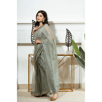 Ruhm Green Basil Silk Sheer Saree with Stitched Blouse