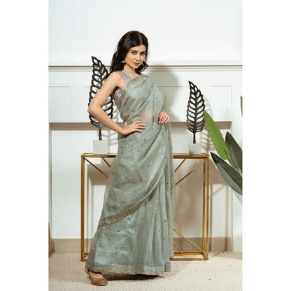 Ruhm Green Basil Silk Sheer Saree with Stitched Blouse