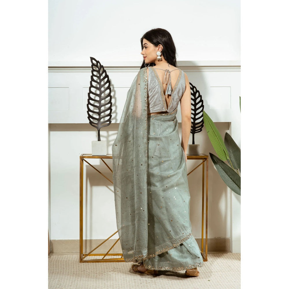 Ruhm Green Basil Silk Sheer Saree with Stitched Blouse