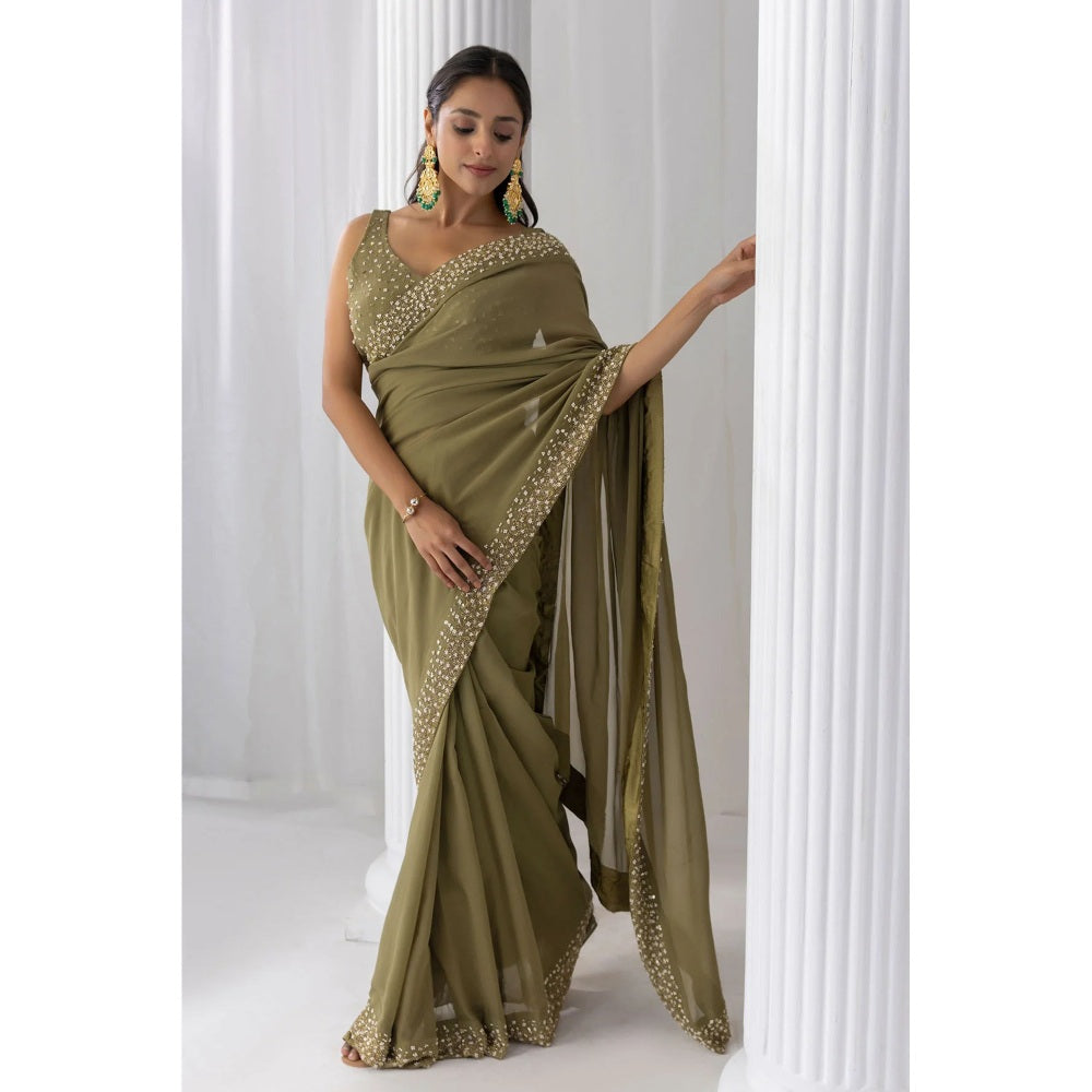 Ruhm Olive Henna Georgette Saree with Stitched Blouse