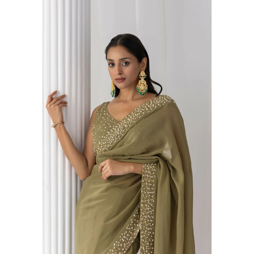 Ruhm Olive Henna Georgette Saree with Stitched Blouse